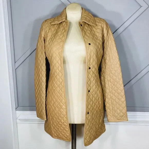 New Neiman Marcus Leather Collection Quilted Lamb Leather Trench Coat Neutral Ca - Picture 2 of 10